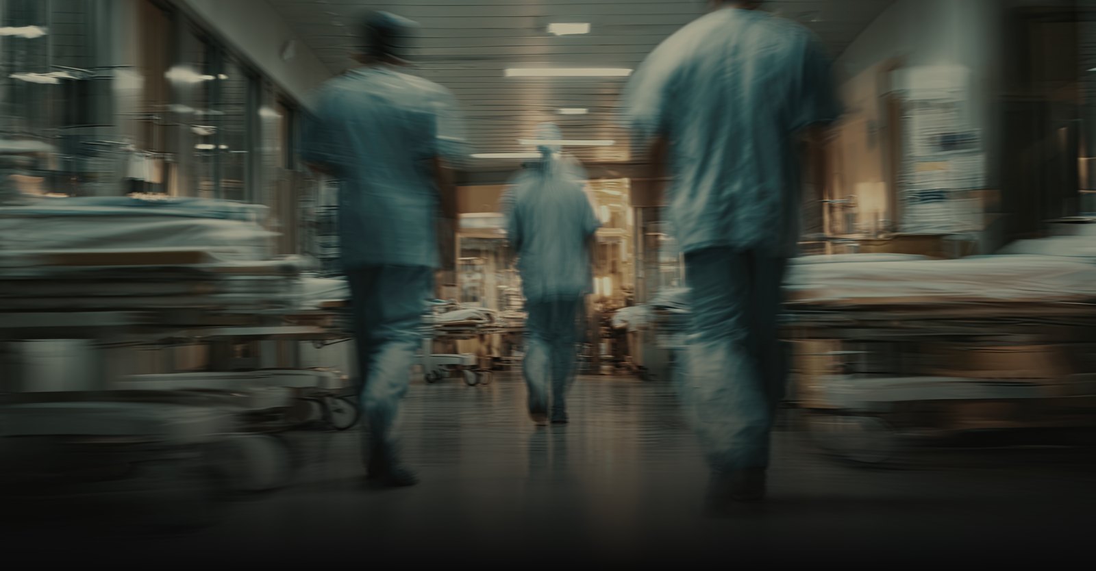 Clinicians moving through a hospital corridor.